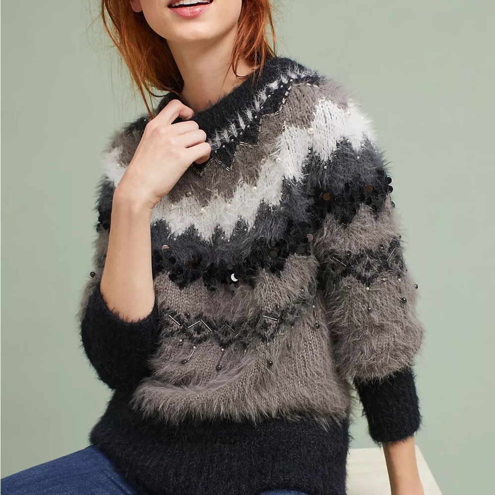 Anthropologie Fuzzy Chevron Sweater in Gray, Black, White